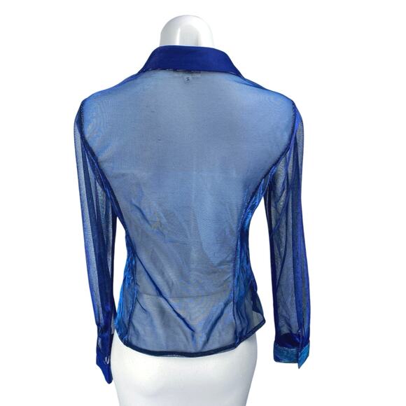 Superdown Womens Blue Metallic Mesh Long Sleeve Sheer Button Down Shirt Top Sz S - Picture 2 of 4